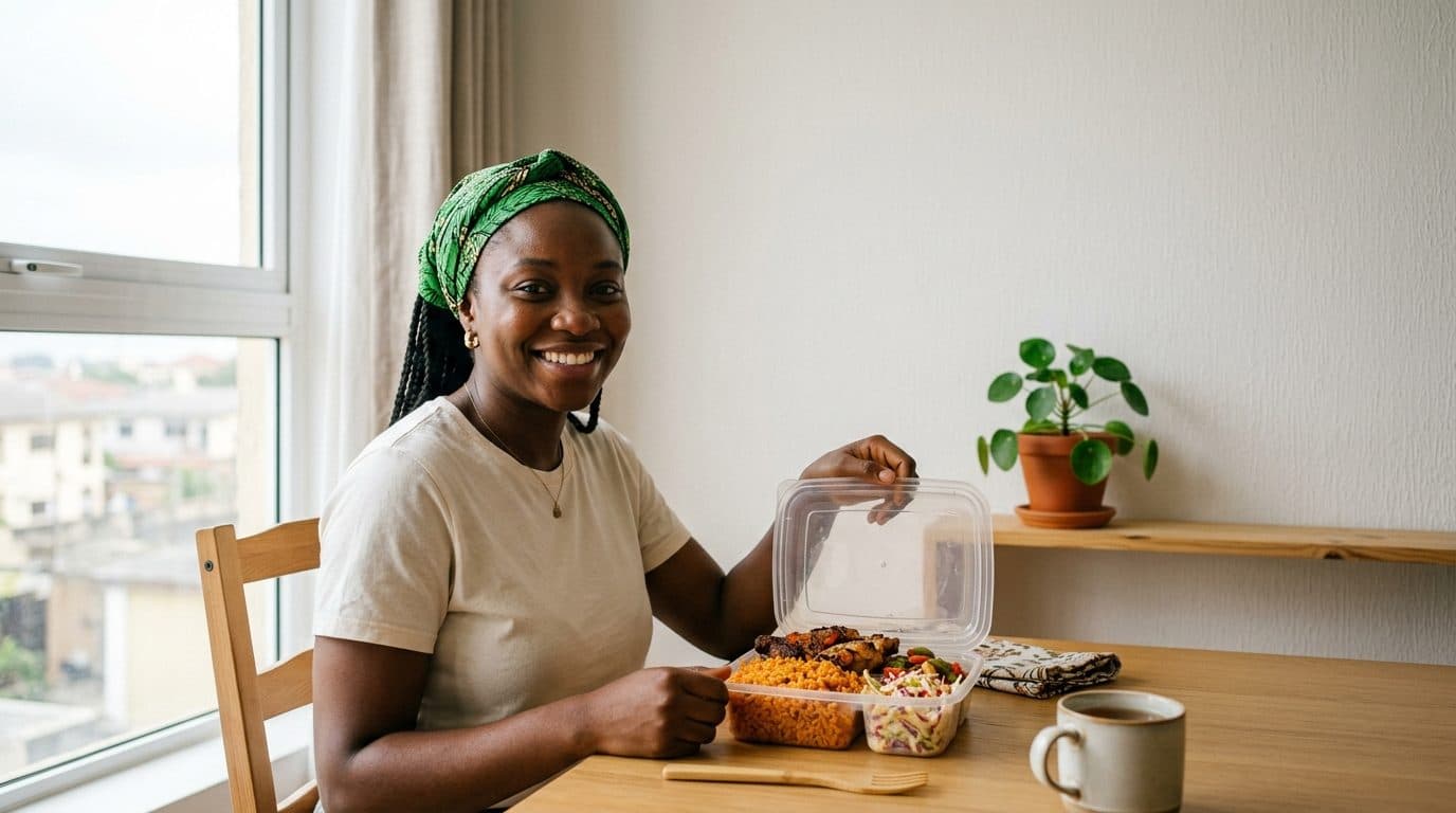 Woman smiling as she opens a Chop Lean jollof meal at home